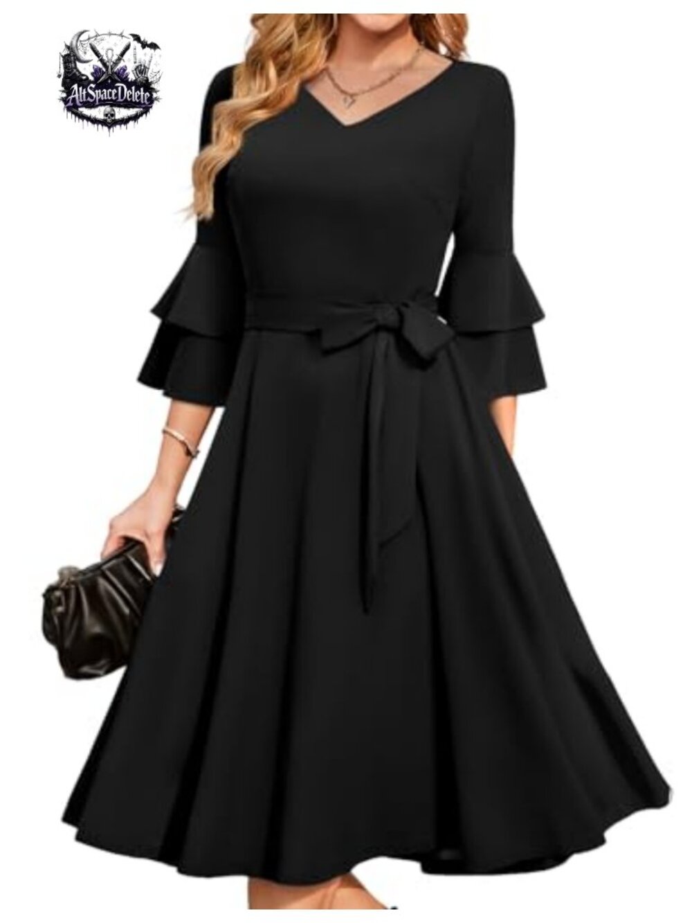 Women's Cocktail Midi Dress Double-Lined V-Neck 3/4 Bell Sleeve A-Line